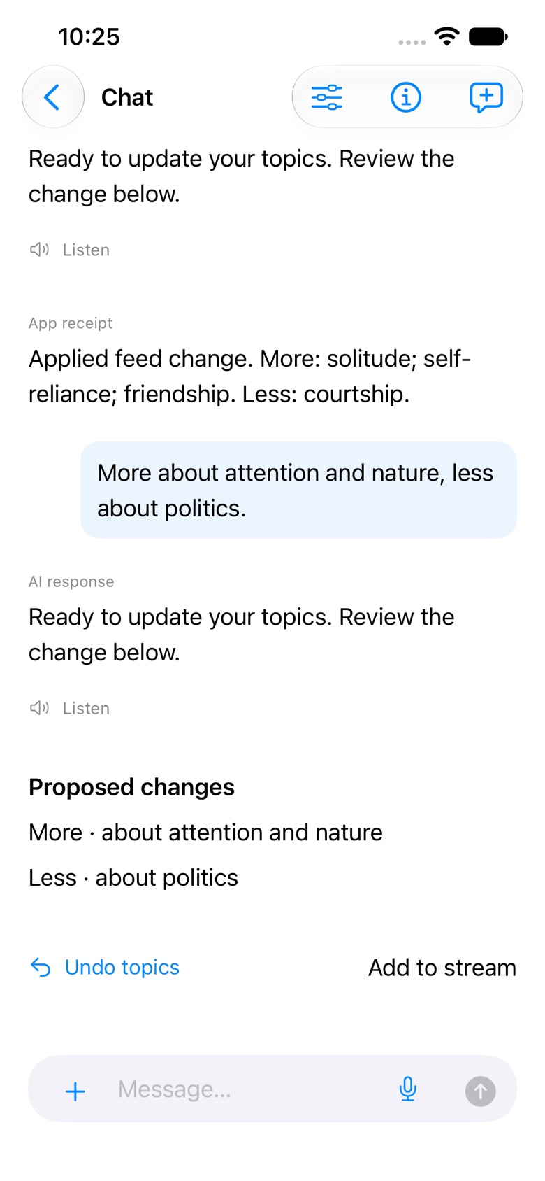 Chat: a request for more about attention and nature, an AI response, Proposed changes, Undo topics and Add to stream.