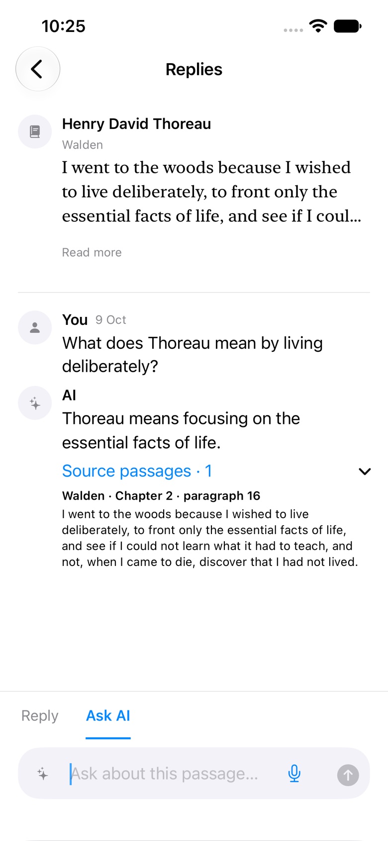 Replies: a Walden passage, the question “What does Thoreau mean by living deliberately?”, a labelled AI answer and the cited source passage.