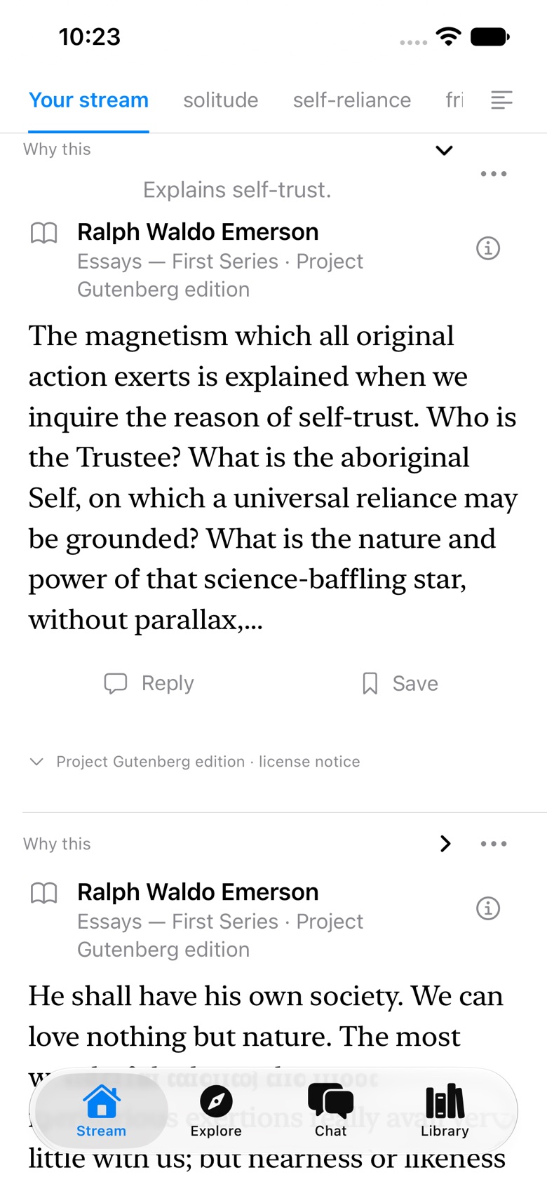 Fyllos Stream: an Emerson passage from Essays — First Series with the explanation “Explains self-trust.”, Reply and Save actions.